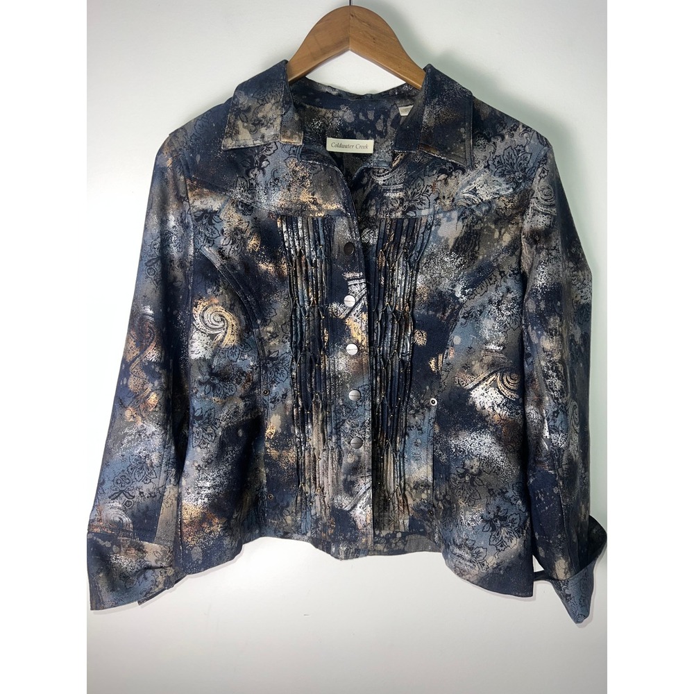 VTG Y2K Coldwater Creek Jacket Wm P14 Blue‎ Gold Metallic Paisley Pintuck Beaded